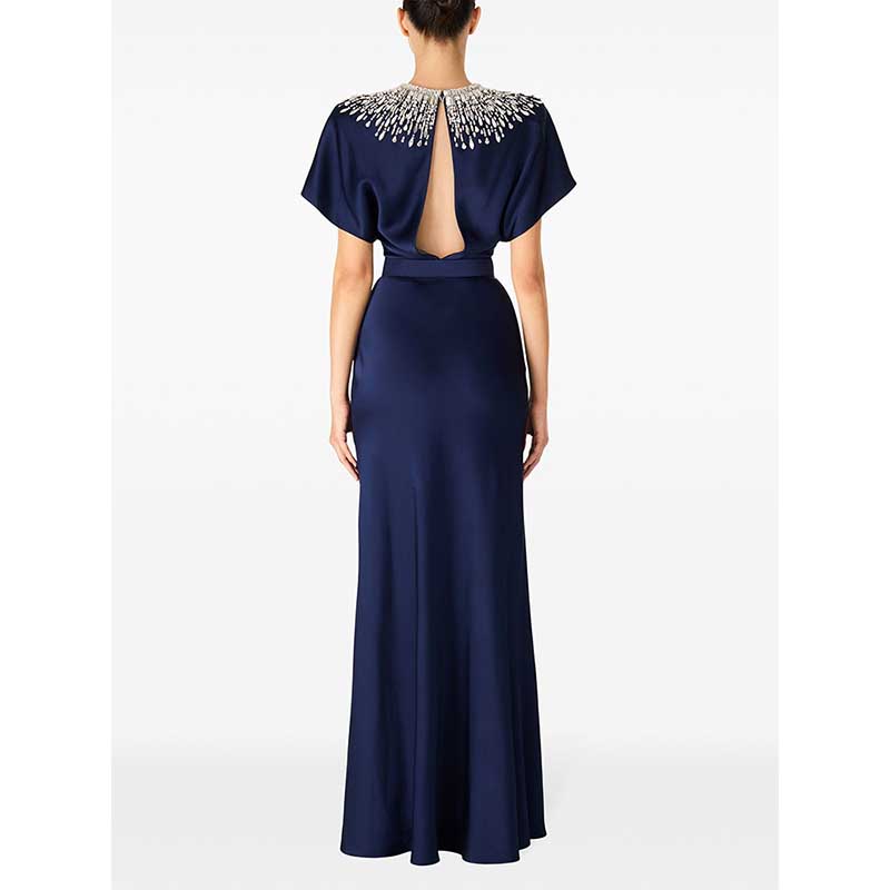 Satin Embellished Cape Detail Maxi Dress Evening Gown