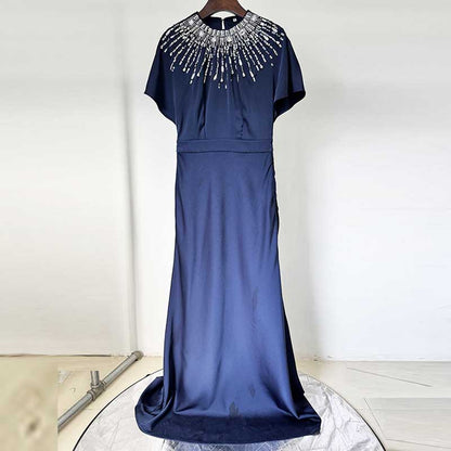 Satin Embellished Cape Detail Maxi Dress Evening Gown