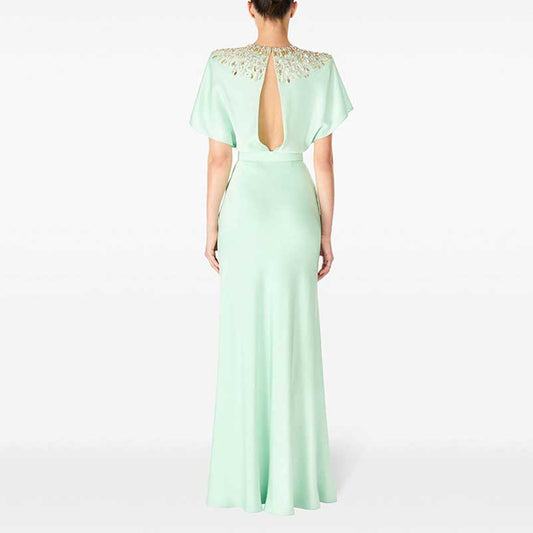 Satin Embellished Cape Detail Maxi Dress Evening Gown