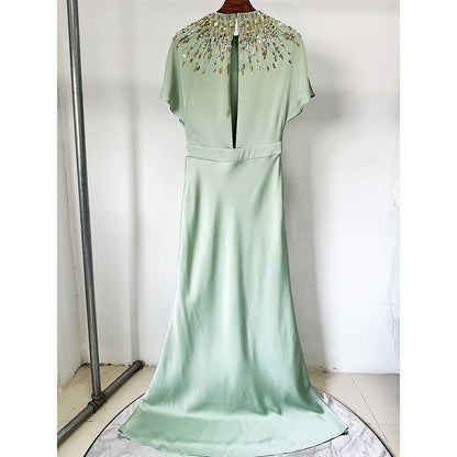 Satin Embellished Cape Detail Maxi Dress Evening Gown