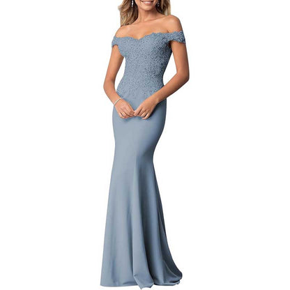 Satin Mermaid Bridesmaid Dresses Long Prom Gown Lace Beaded Formal Evening Dresses