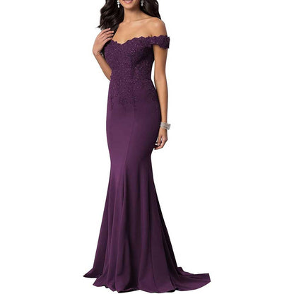 Satin Mermaid Bridesmaid Dresses Long Prom Gown Lace Beaded Formal Evening Dresses