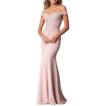 Satin Mermaid Bridesmaid Dresses Long Prom Gown Lace Beaded Formal Evening Dresses