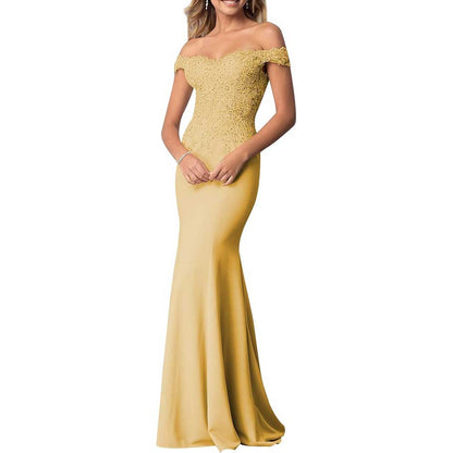 Satin Mermaid Bridesmaid Dresses Long Prom Gown Lace Beaded Formal Evening Dresses