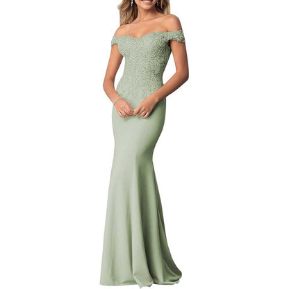 Satin Mermaid Bridesmaid Dresses Long Prom Gown Lace Beaded Formal Evening Dresses