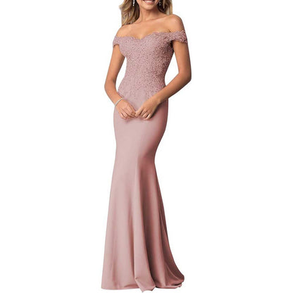Satin Mermaid Bridesmaid Dresses Long Prom Gown Lace Beaded Formal Evening Dresses