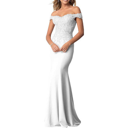 Satin Mermaid Bridesmaid Dresses Long Prom Gown Lace Beaded Formal Evening Dresses