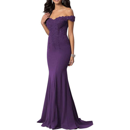 Satin Mermaid Bridesmaid Dresses Long Prom Gown Lace Beaded Formal Evening Dresses