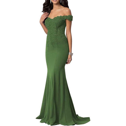 Satin Mermaid Bridesmaid Dresses Long Prom Gown Lace Beaded Formal Evening Dresses