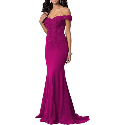 Satin Mermaid Bridesmaid Dresses Long Prom Gown Lace Beaded Formal Evening Dresses