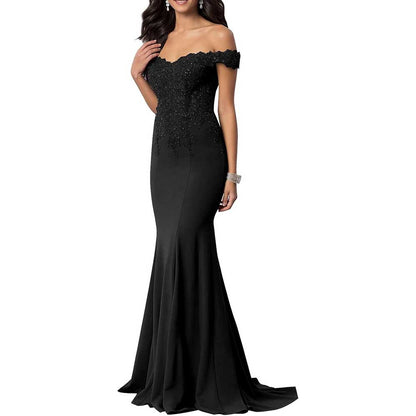 Satin Mermaid Bridesmaid Dresses Long Prom Gown Lace Beaded Formal Evening Dresses