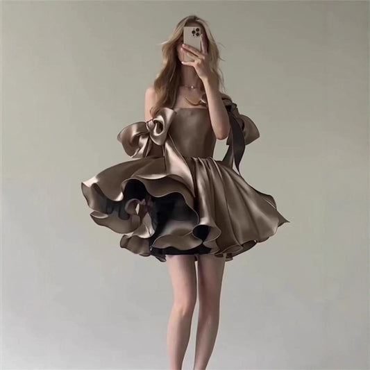 Women's Satin Mini Dress Off-Shoulder Bow Tie Cocktail Party Dress for Evening Prom