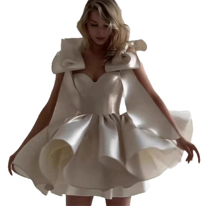 Women's Satin Mini Dress Off-Shoulder Bow Tie Cocktail Party Dress for Evening Prom