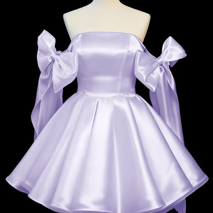 Satin Mini Homecoming Dress with Shoulder Bows | Off-Shoulder Party Dress | Cute Princess Style Cocktail Gown