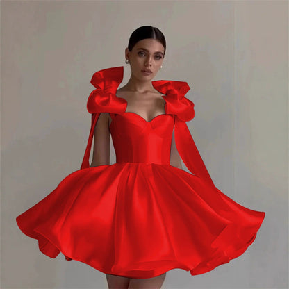 Satin Off-Shoulder Corset Dress with 3D Bows – Elegant Party & Homecoming Short Gown