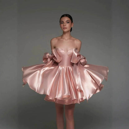 Satin Off-Shoulder Corset Dress with 3D Bows – Elegant Party & Homecoming Short Gown