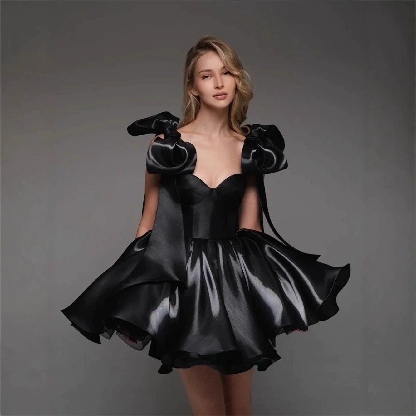 Satin Off-Shoulder Corset Dress with 3D Bows – Elegant Party & Homecoming Short Gown
