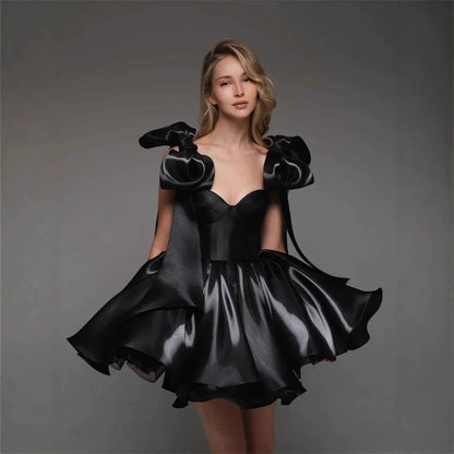 Satin Off-Shoulder Corset Dress with 3D Bows – Elegant Party & Homecoming Short Gown