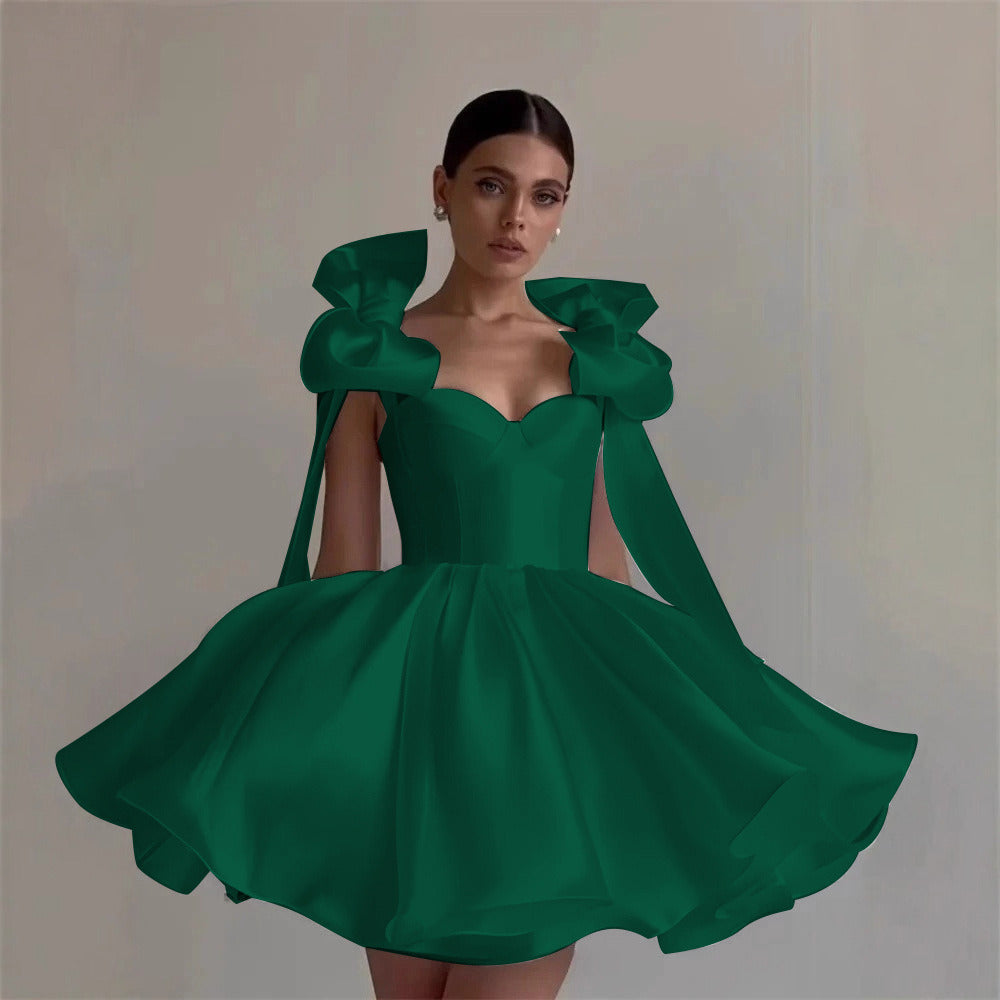 Satin Off-Shoulder Corset Dress with 3D Bows – Elegant Party & Homecoming Short Gown