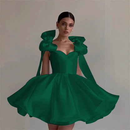 Satin Off-Shoulder Corset Dress with 3D Bows – Elegant Party & Homecoming Short Gown