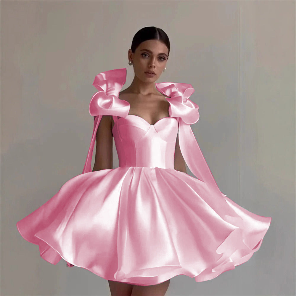 Satin Off-Shoulder Corset Dress with 3D Bows – Elegant Party & Homecoming Short Gown