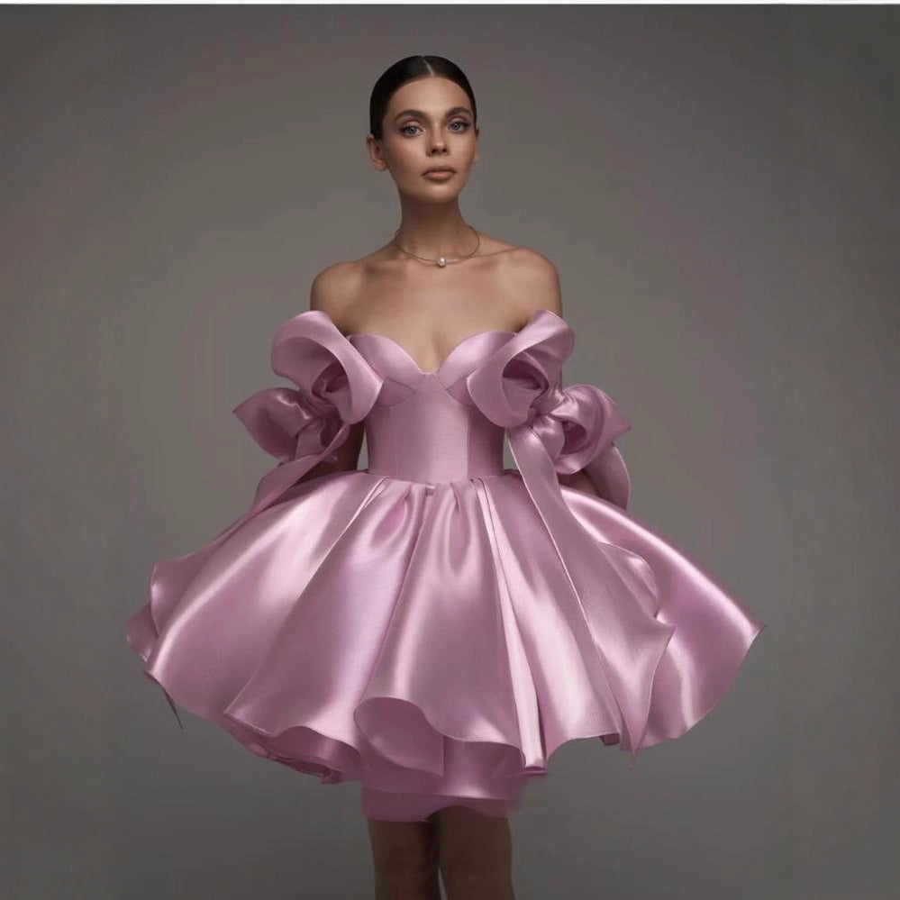 Satin Off-Shoulder Corset Dress with 3D Bows – Elegant Party & Homecoming Short Gown