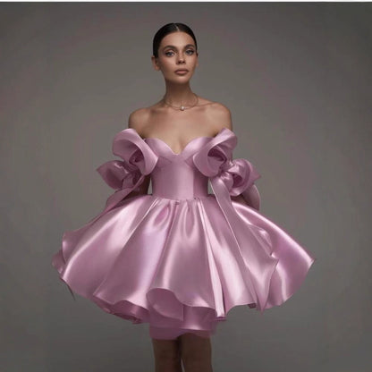 Satin Off-Shoulder Corset Dress with 3D Bows – Elegant Party & Homecoming Short Gown