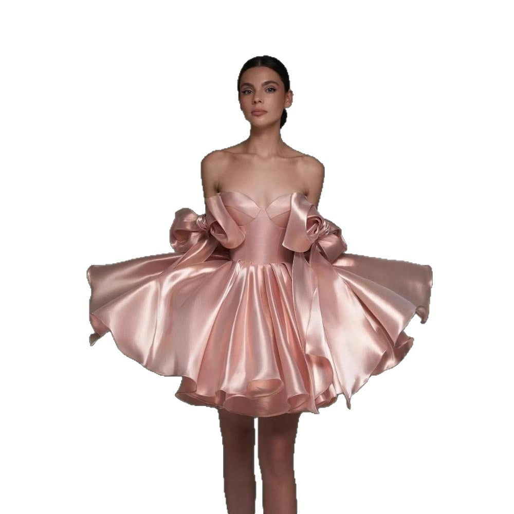 Satin Off-Shoulder Corset Dress with 3D Bows – Elegant Party & Homecoming Short Gown
