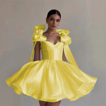 Satin Off-Shoulder Corset Dress with 3D Bows – Elegant Party & Homecoming Short Gown