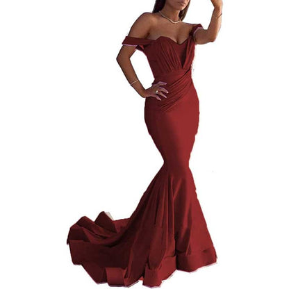 Satin Off The Shoulder Mermaid Long Evening Dress Wedding Ball Gown Dresses