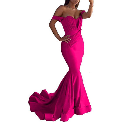 Satin Off The Shoulder Mermaid Long Evening Dress Wedding Ball Gown Dresses