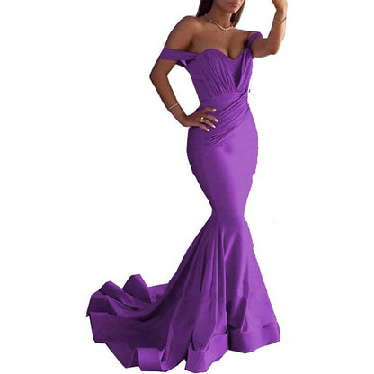 Satin Off The Shoulder Mermaid Long Evening Dress Wedding Ball Gown Dresses