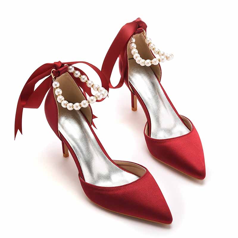 2.95" Satin Peals Ankle Strap Heels Lace-Up Prom Shoes Middle Heeled Pumps