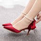 2.95" Satin Peals Ankle Strap Heels Lace-Up Prom Shoes Middle Heeled Pumps