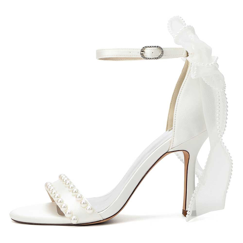 Satin Pearls Ankle Strap High Heels Bridal Shoes for Wedding Open Toe Formal Evening Dress Sandals