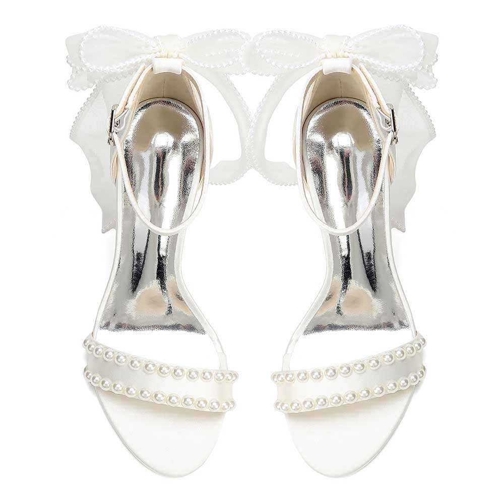 Satin Pearls Ankle Strap High Heels Bridal Shoes for Wedding Open Toe Formal Evening Dress Sandals