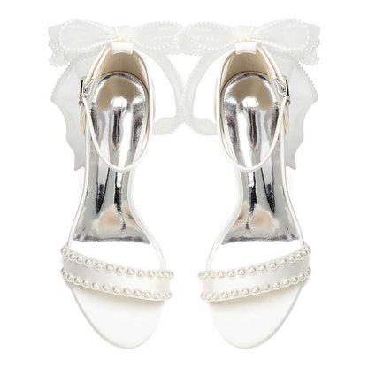 Satin Pearls Ankle Strap High Heels Bridal Shoes for Wedding Open Toe Formal Evening Dress Sandals