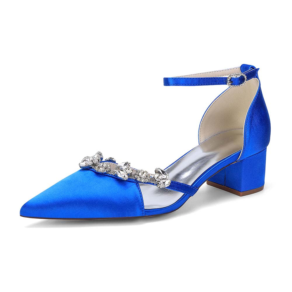 Satin Pointed Toe Chunky Heel Ankle Strap Shoes with Crystals – Perfect for Weddings & Special Occasions