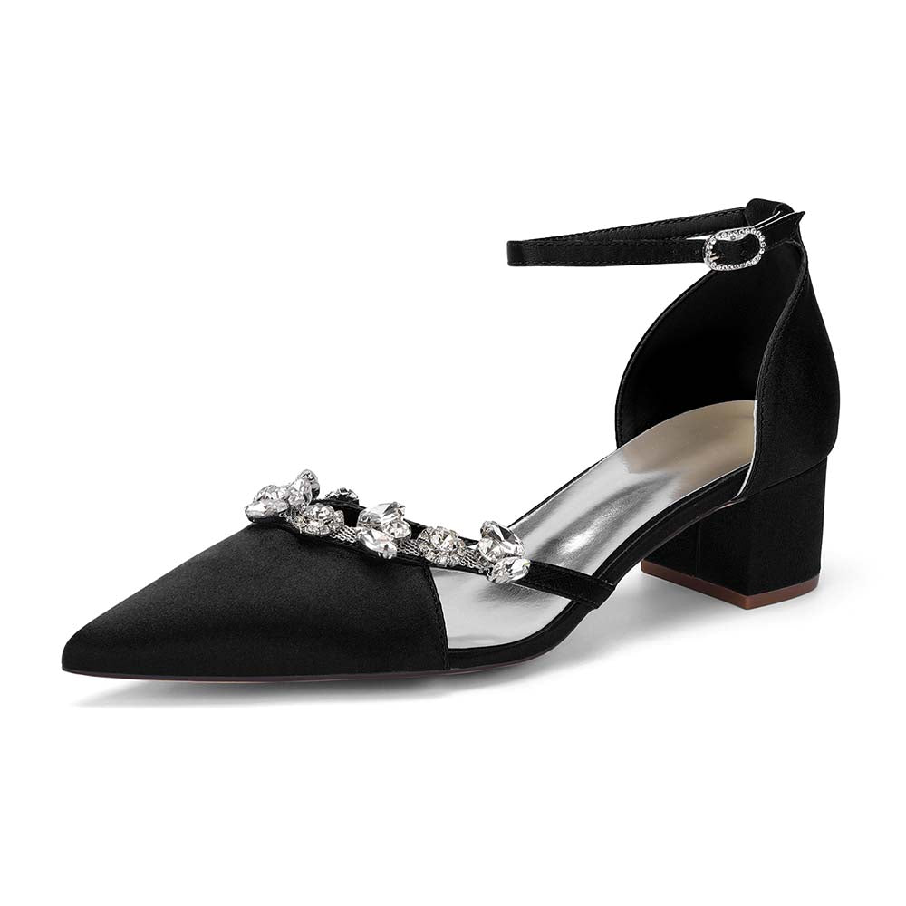 Satin Pointed Toe Chunky Heel Ankle Strap Shoes with Crystals – Perfect for Weddings & Special Occasions