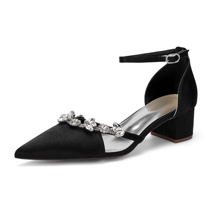 Satin Pointed Toe Chunky Heel Ankle Strap Shoes with Crystals – Perfect for Weddings & Special Occasions