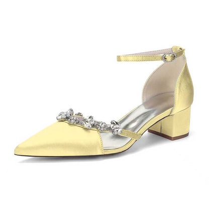 Satin Pointed Toe Chunky Heel Ankle Strap Shoes with Crystals – Perfect for Weddings & Special Occasions