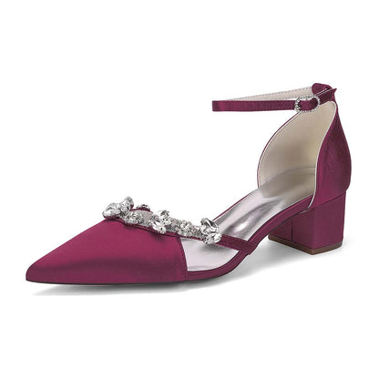Satin Pointed Toe Chunky Heel Ankle Strap Shoes with Crystals – Perfect for Weddings & Special Occasions
