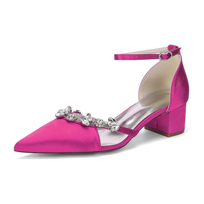 Satin Pointed Toe Chunky Heel Ankle Strap Shoes with Crystals – Perfect for Weddings & Special Occasions