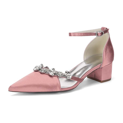 Satin Pointed Toe Chunky Heel Ankle Strap Shoes with Crystals – Perfect for Weddings & Special Occasions