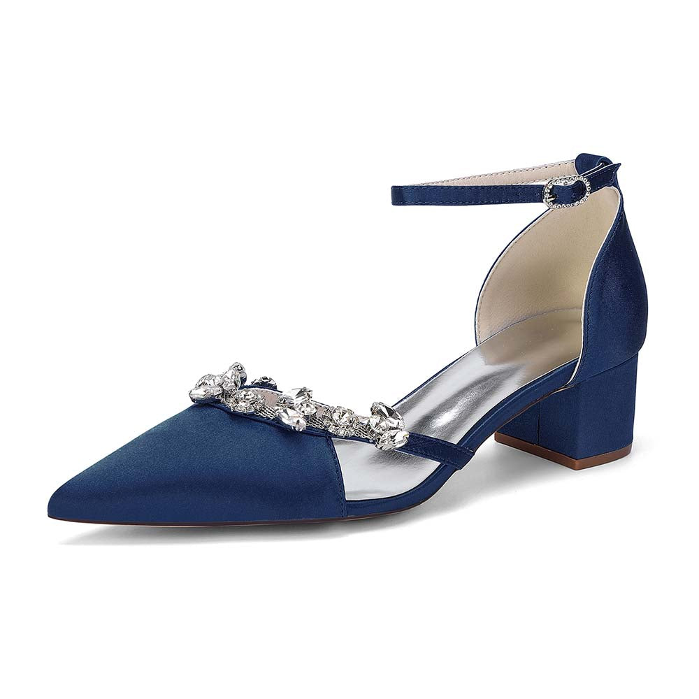 Satin Pointed Toe Chunky Heel Ankle Strap Shoes with Crystals – Perfect for Weddings & Special Occasions