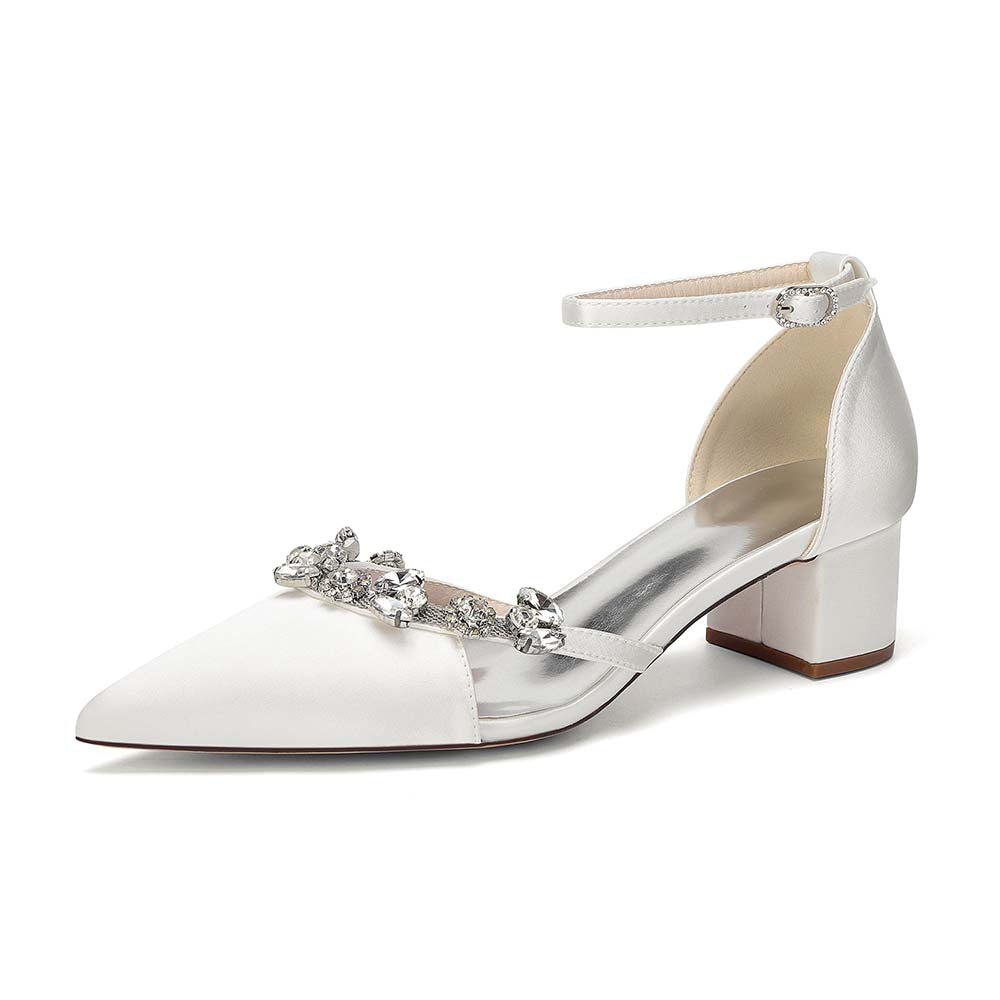 Satin Pointed Toe Chunky Heel Ankle Strap Shoes with Crystals – Perfect for Weddings & Special Occasions
