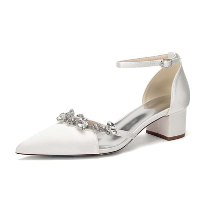 Satin Pointed Toe Chunky Heel Ankle Strap Shoes with Crystals – Perfect for Weddings & Special Occasions