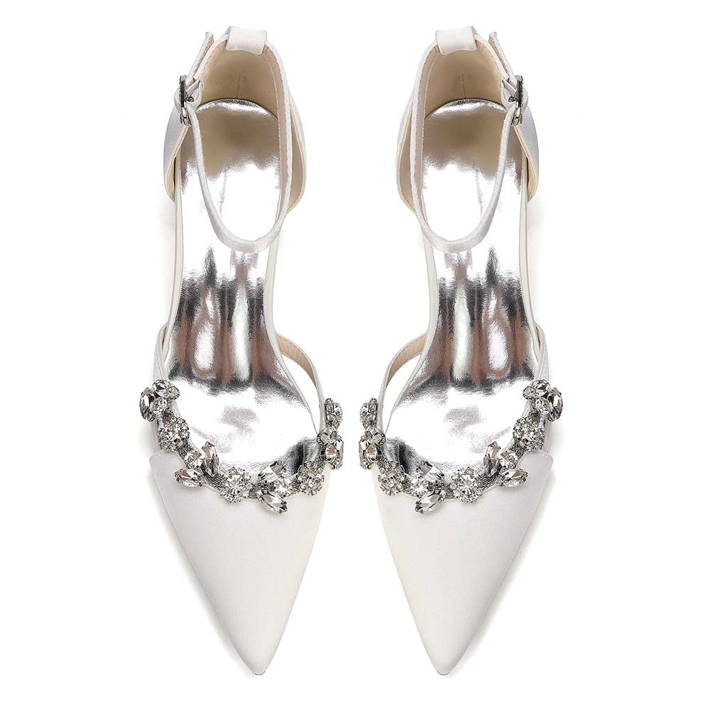 Satin Pointed Toe Chunky Heel Ankle Strap Shoes with Crystals – Perfect for Weddings & Special Occasions