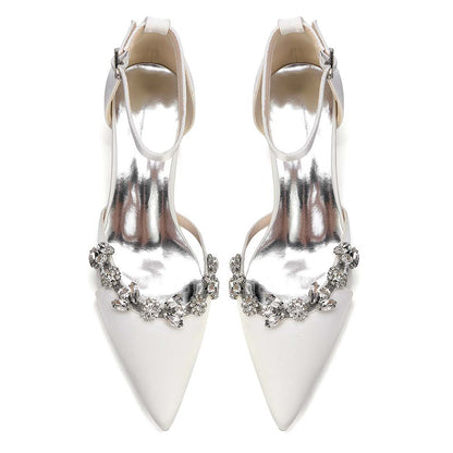 Satin Pointed Toe Chunky Heel Ankle Strap Shoes with Crystals – Perfect for Weddings & Special Occasions
