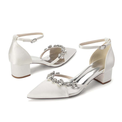 Satin Pointed Toe Chunky Heel Ankle Strap Shoes with Crystals – Perfect for Weddings & Special Occasions